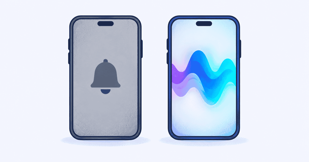 Illustrated sunrise bedroom with a phone showing sound waves in calm violet and blue