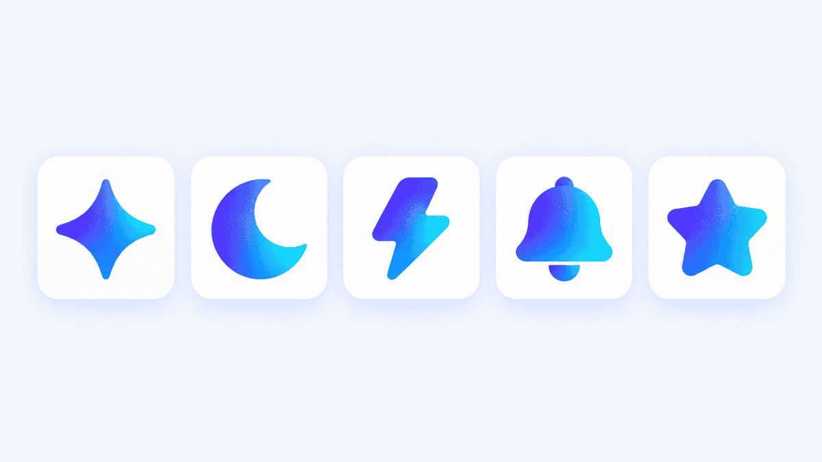 Five gradient icons in white cards: a four-point sparkle, a crescent moon, a lightning bolt, a bell and a star
