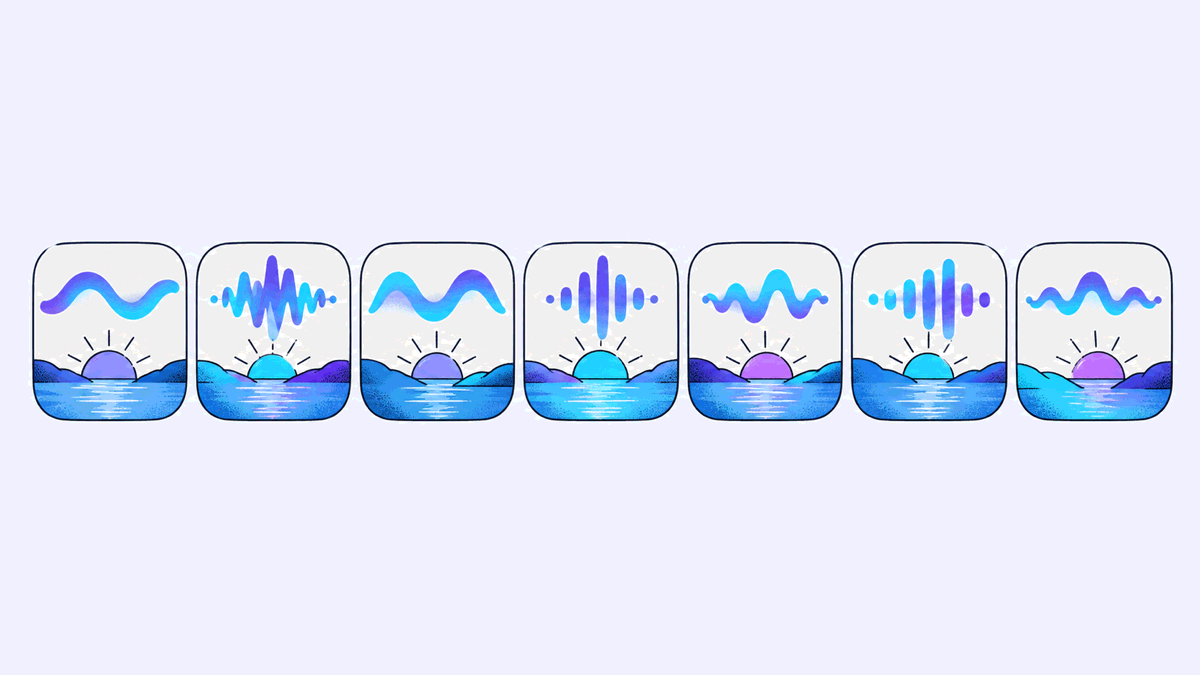 Row of seven sunrise-over-water tiles, each with a different sound wave above the sun