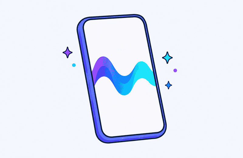 Tilted phone with a violet-to-cyan sound wave across its screen, framed by small sparkles