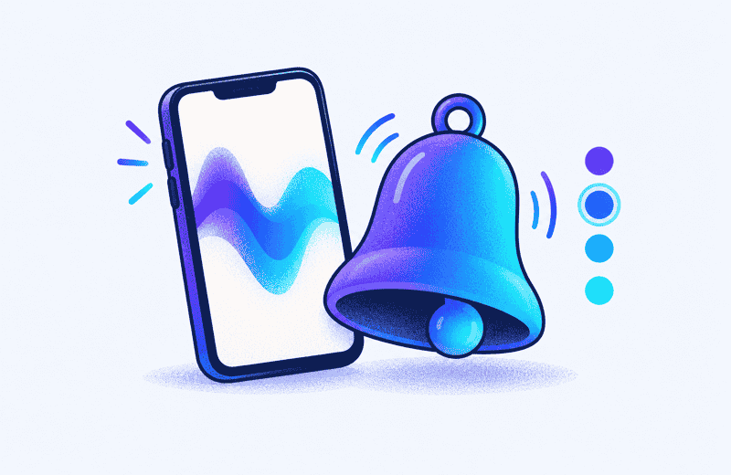 Phone with a sound wave on screen next to a large blue bell and four blue-to-cyan color dots