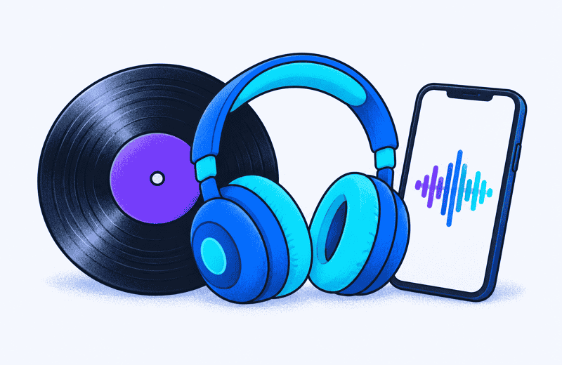Vinyl record and blue headphones beside a phone showing an audio waveform