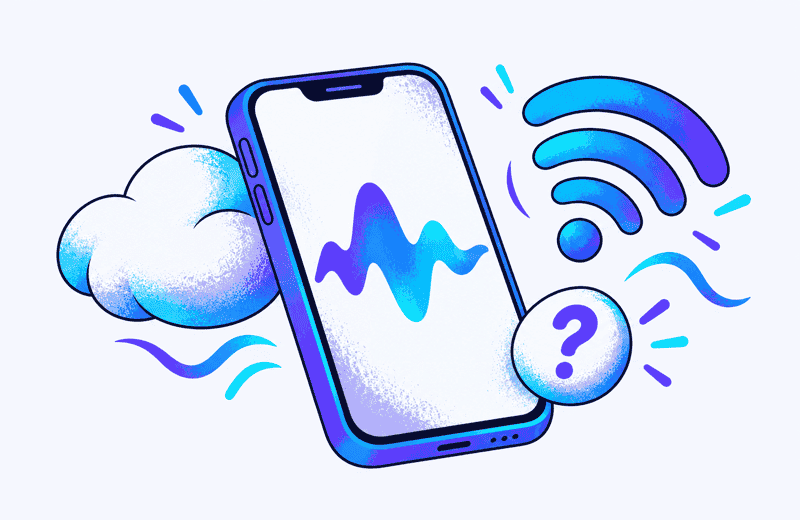 Phone with a sound wave on screen, surrounded by a cloud, a wifi symbol and a question mark